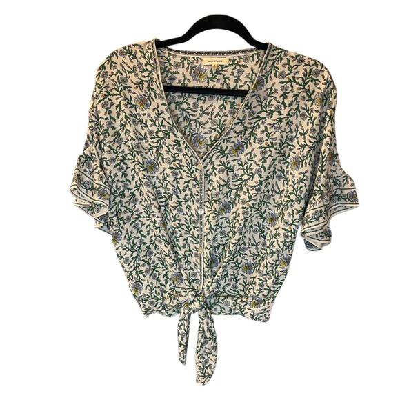 Max Studio Tops - Max Studio Feminine Floral V-Neck Button Front Tie Hem Ruffle Sleeve Blouse S